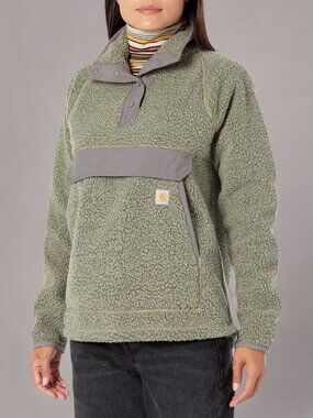 Carhartt Sherpa Fleece Relaxed Fit Pullover 1/4 Snap Pocket Olive Green